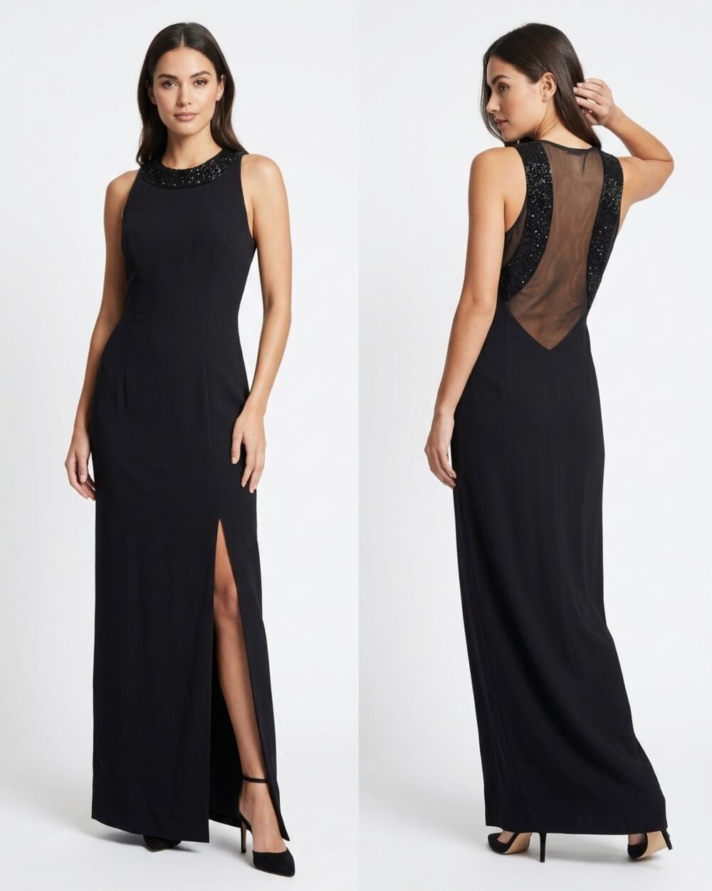 Rimini by Shaw Black Sequin Beaded High Neck Evening Gown Size 8 $138 MSRP NEW